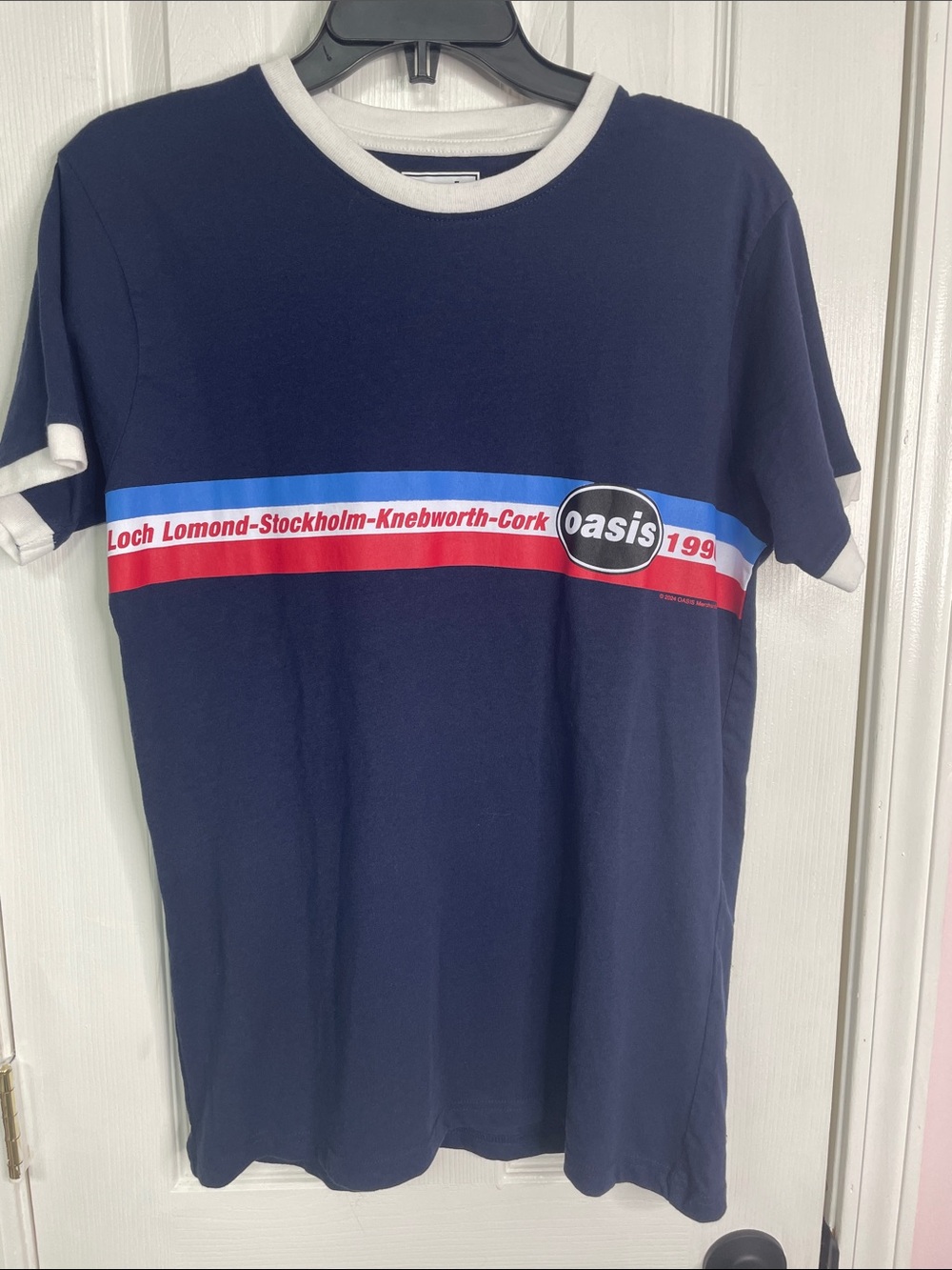 Oasis Navy Graphic Ringer Tee with Red & Blue Stripes